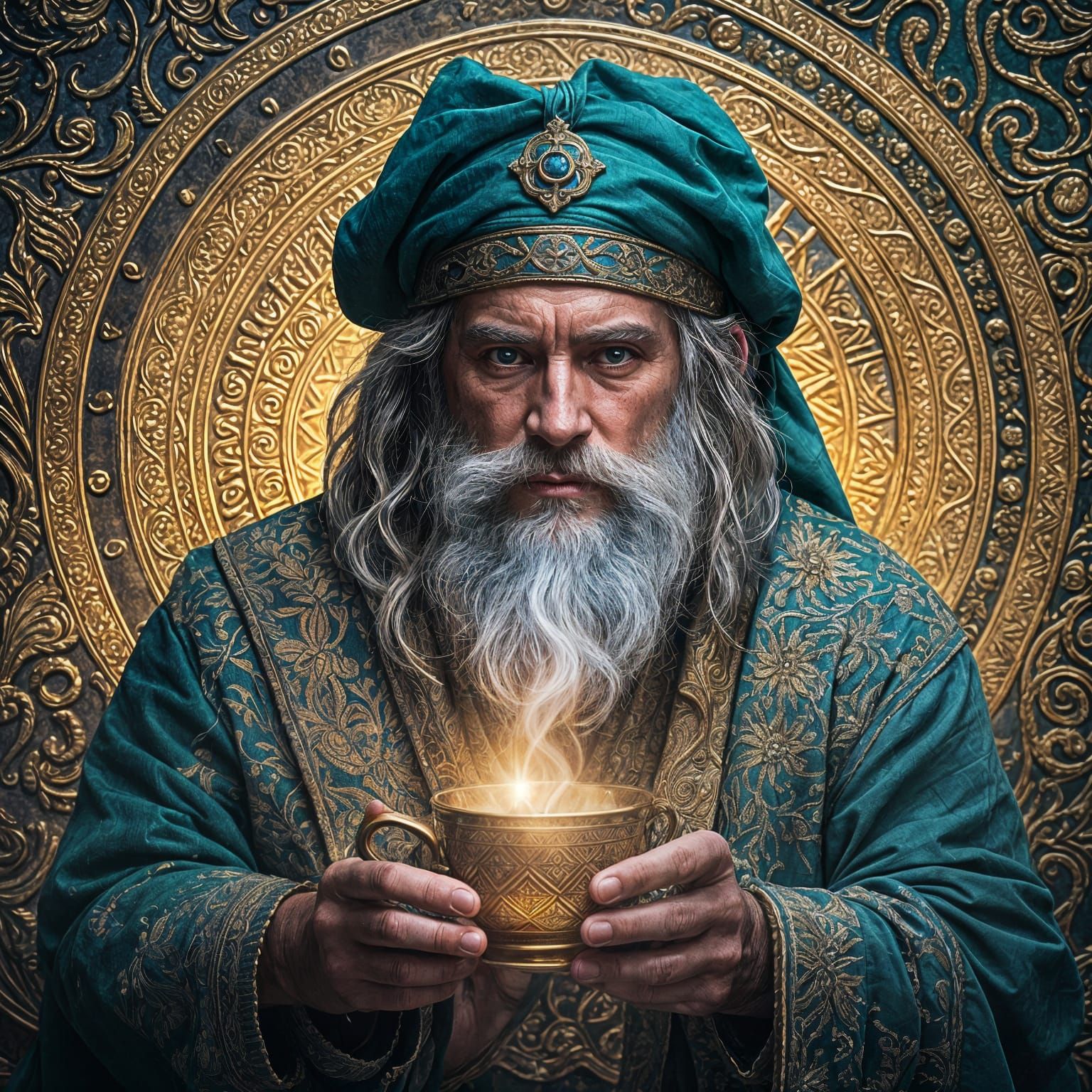 Wise Sorcerer Sipping Magic Tea in Ancient Hall