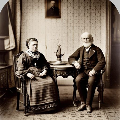 old man and woman from Hungary, white hair, early 19th century, very old photograph, black and white colors, contemporar...
