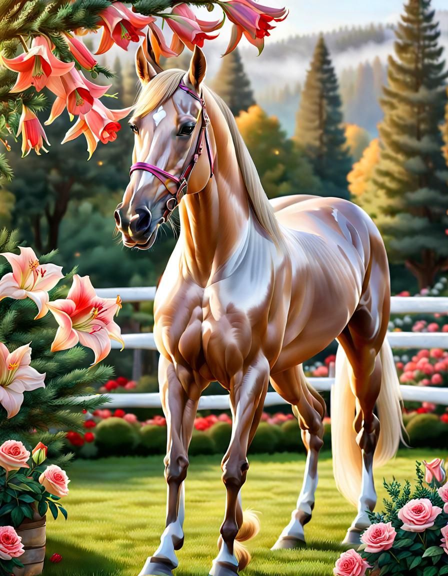 Metallic Akhal-Teke Stallion in Misty Ranch Scenery