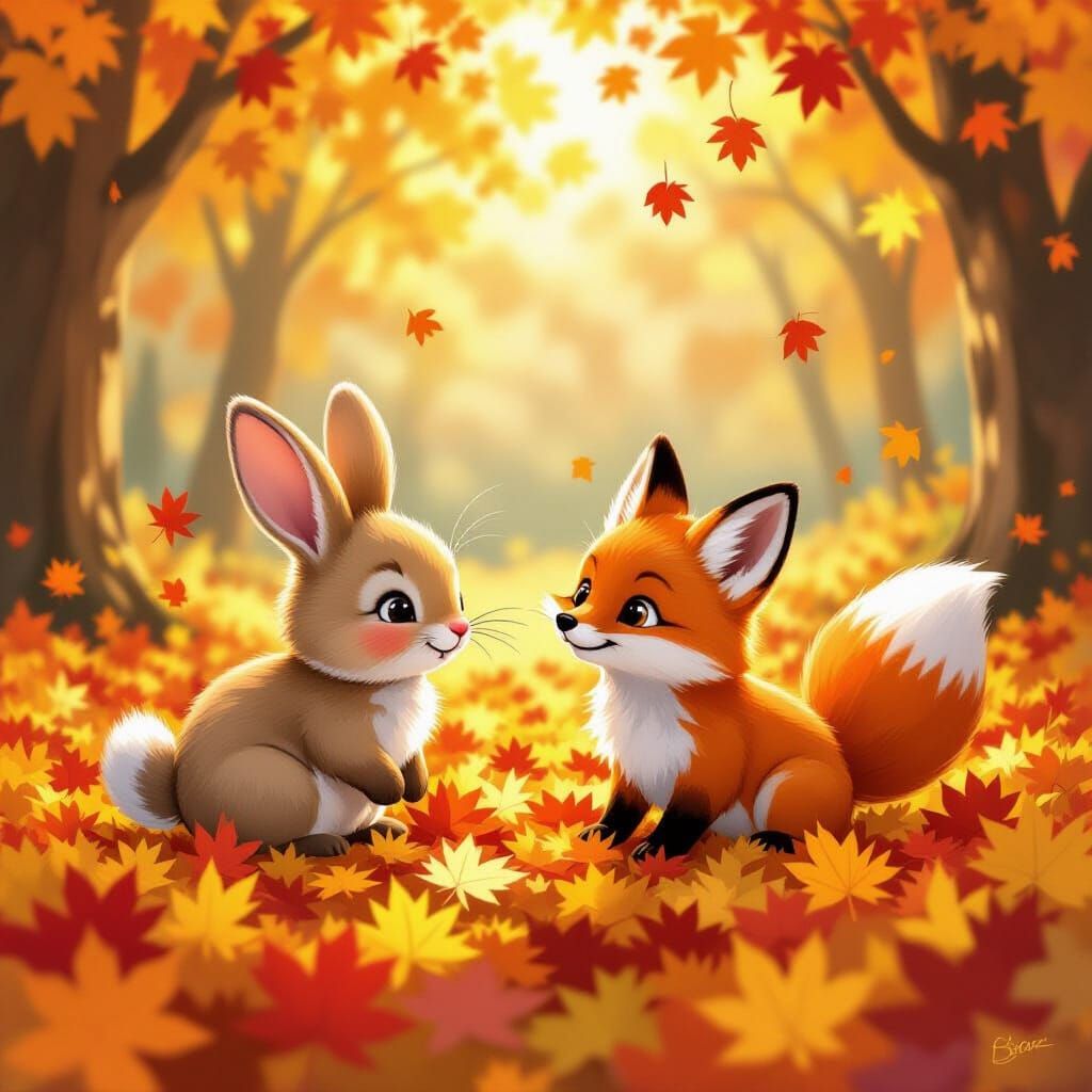 Cute Animals Play in Autumn Leaves