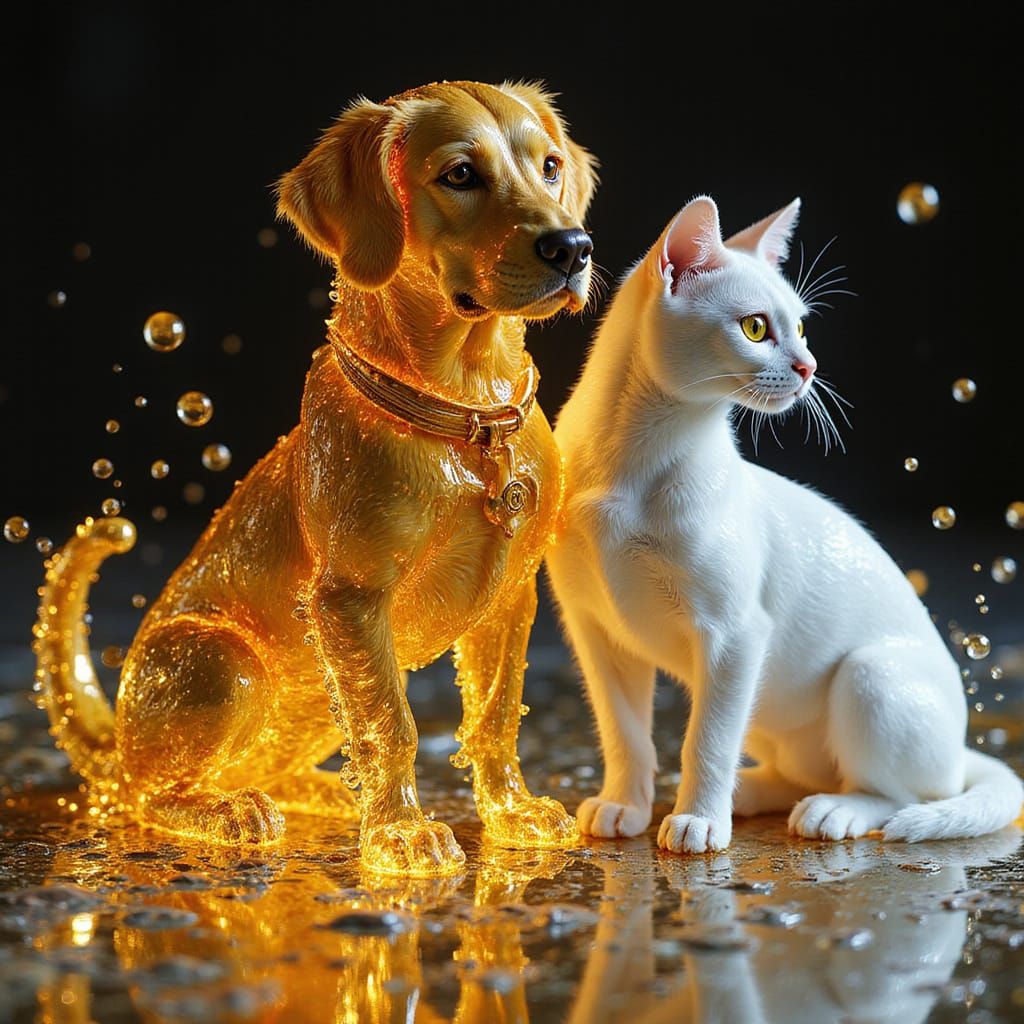 Golden Retriever and Cat Formed from Liquid Gold and Water