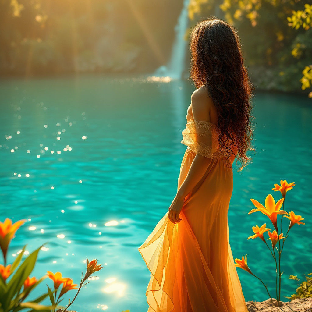 Serene Woman in Ethereal Gown by Crystal Lake