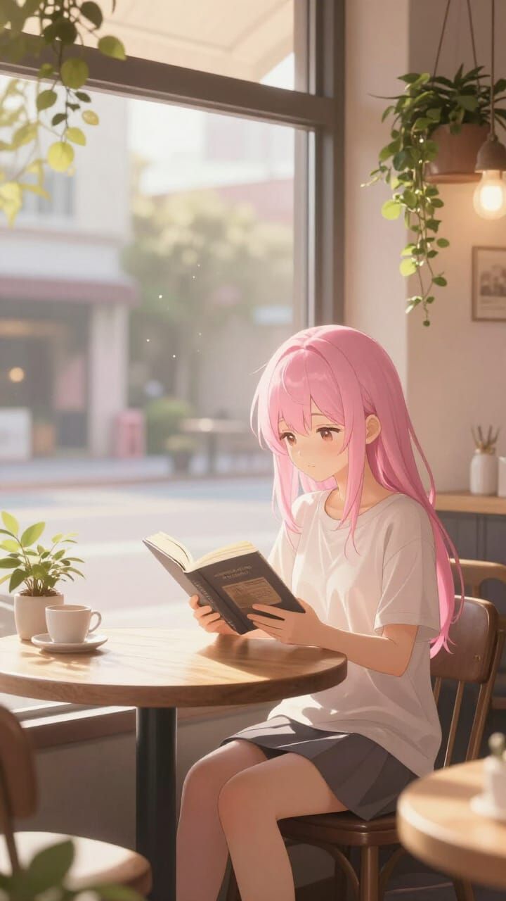 Peaceful Anime Cafe Scene with Girl Reading in Sunlight