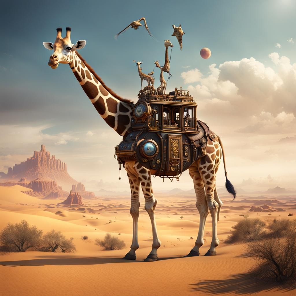 Steampunk Giraffe-Bird Hybrid on Alien Planet