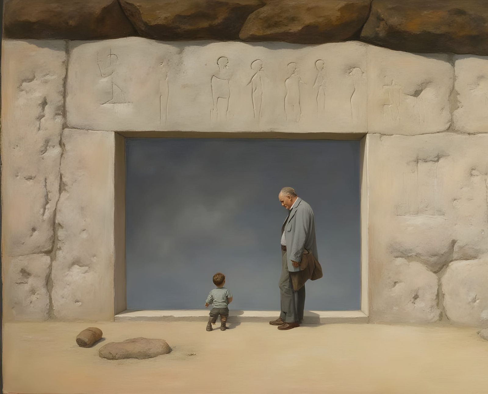 Father and Son Explore Ancient Hieroglyphs on Rock Wall
