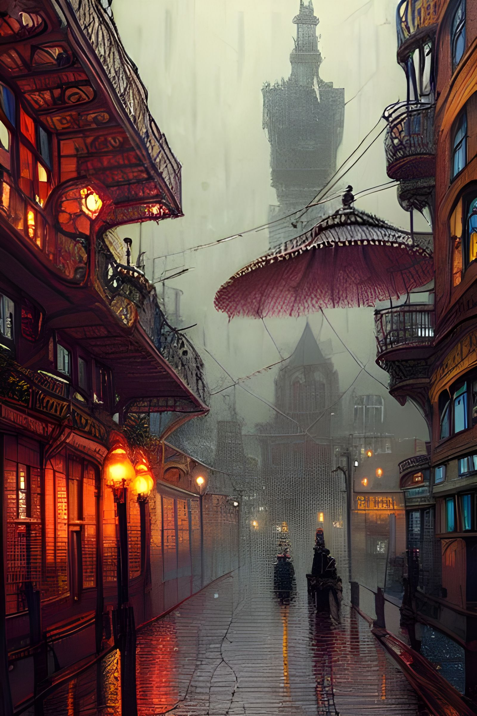 Victorian Steampunk City on a Rainy Day