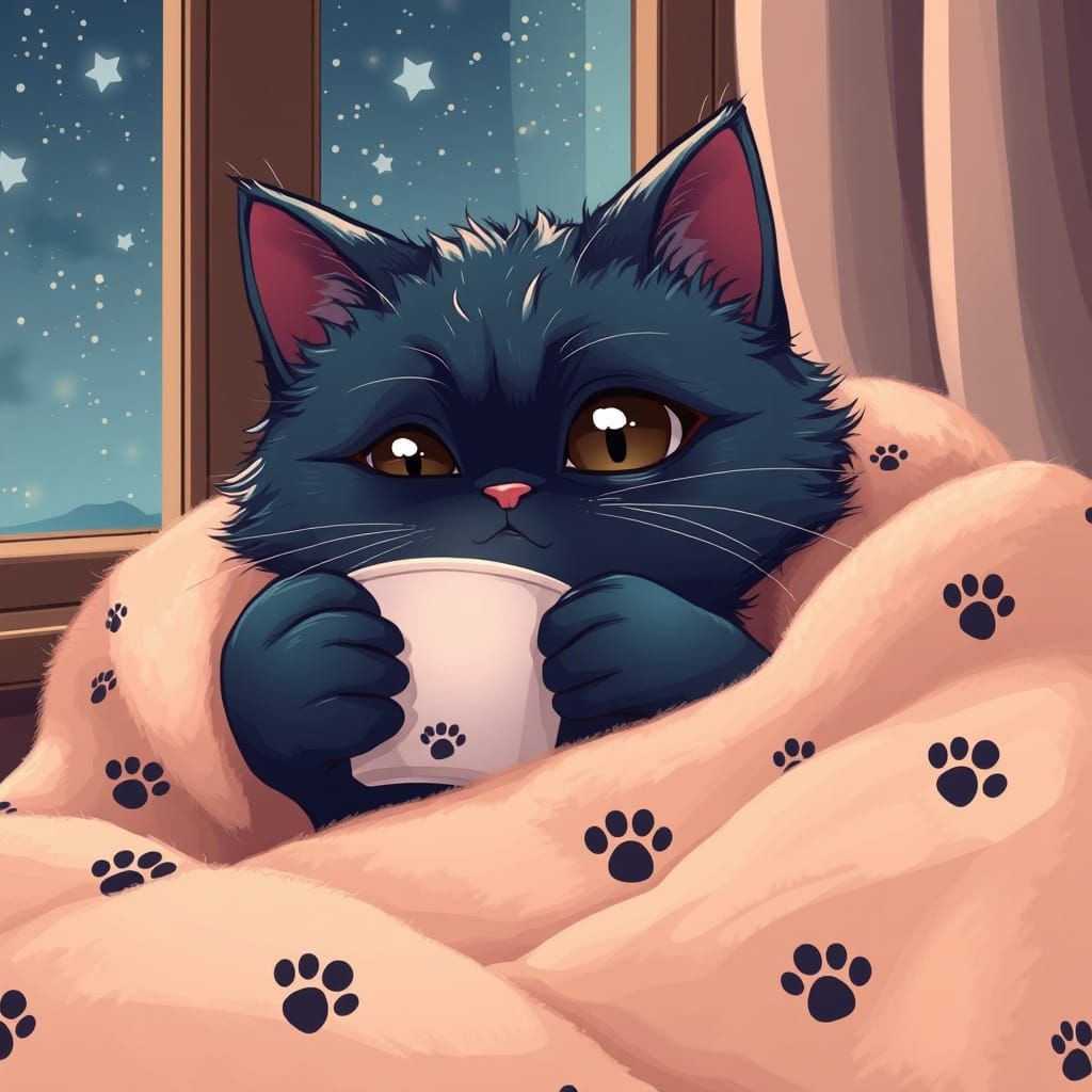 Cozy Cat Sips Coffee Under Starry Skies in Anime-Inspired Ar...