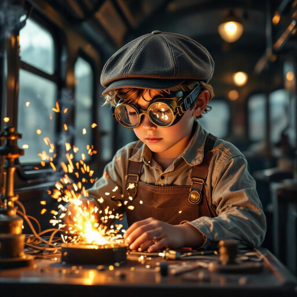 Boy Scientist on Train in Syd Mead Style