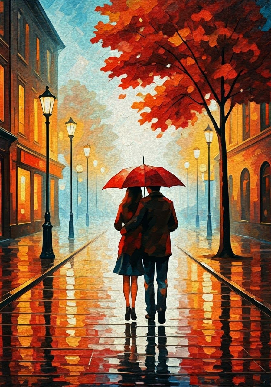 Couple in Autumn Rain, Expressionist Painting