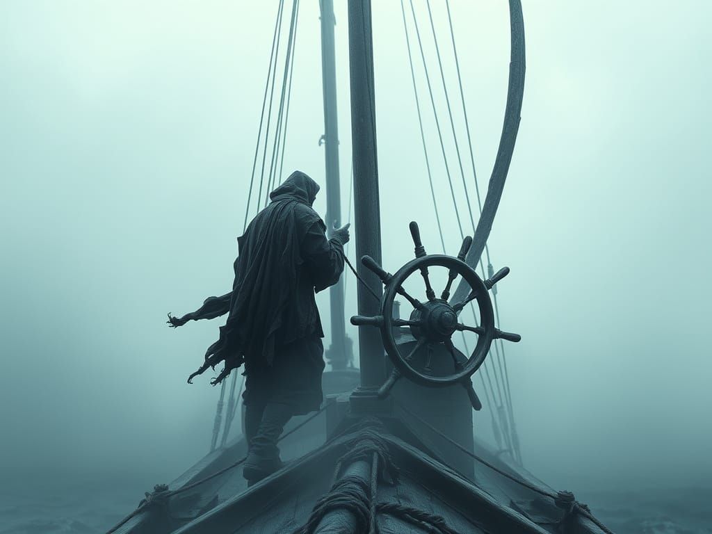 Lone Figure Sets Sails in Eternal Voyage Amidst Mysterious F...