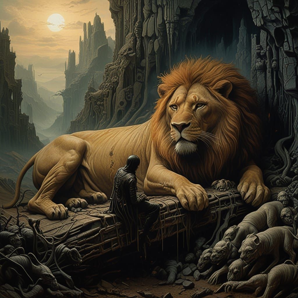 Man Sleeps on Lion Amidst Monstrous Beings in Surreal Landsc...