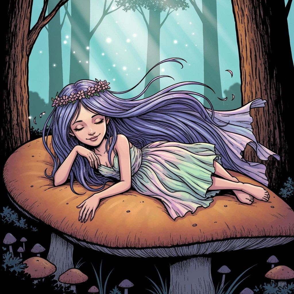 Pixie with Dragon Wings Asleep on Mushroom