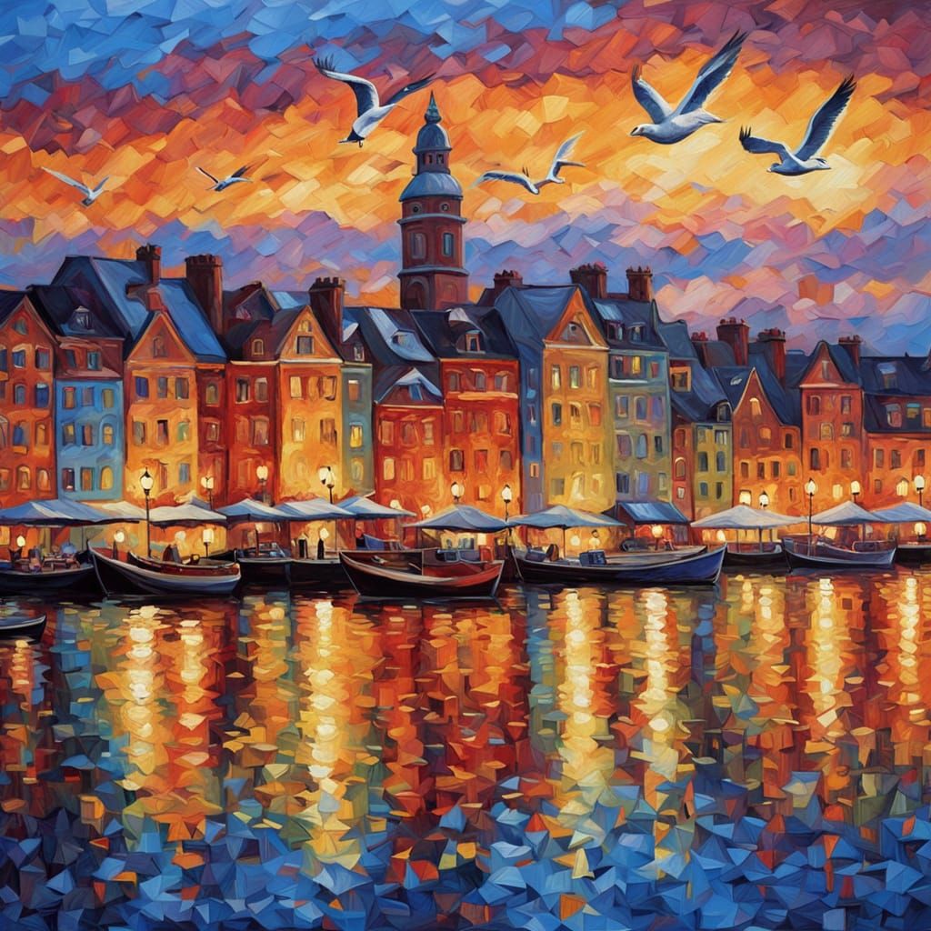 Vibrant Cardiff Bay Oil Painting with Golden Hour Light