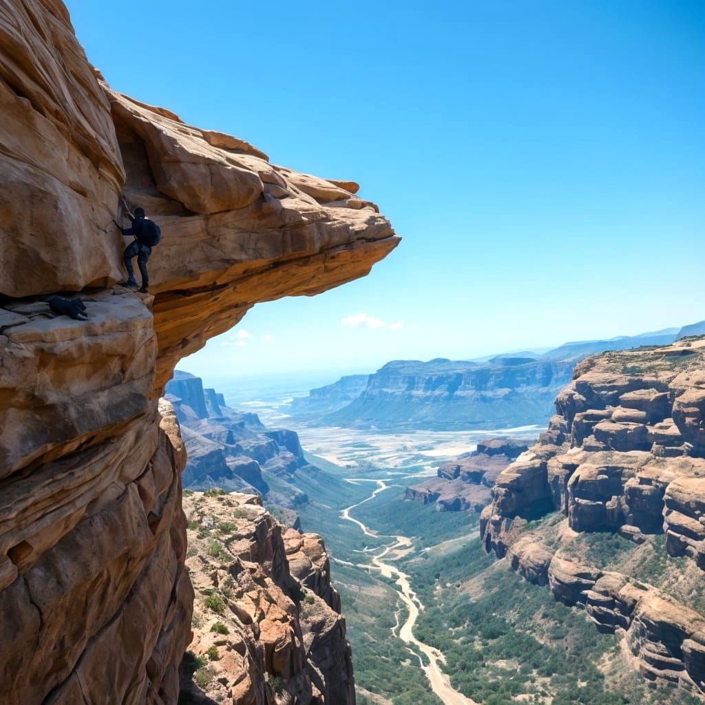 Climber on Overhanging Desert Cliff Edge