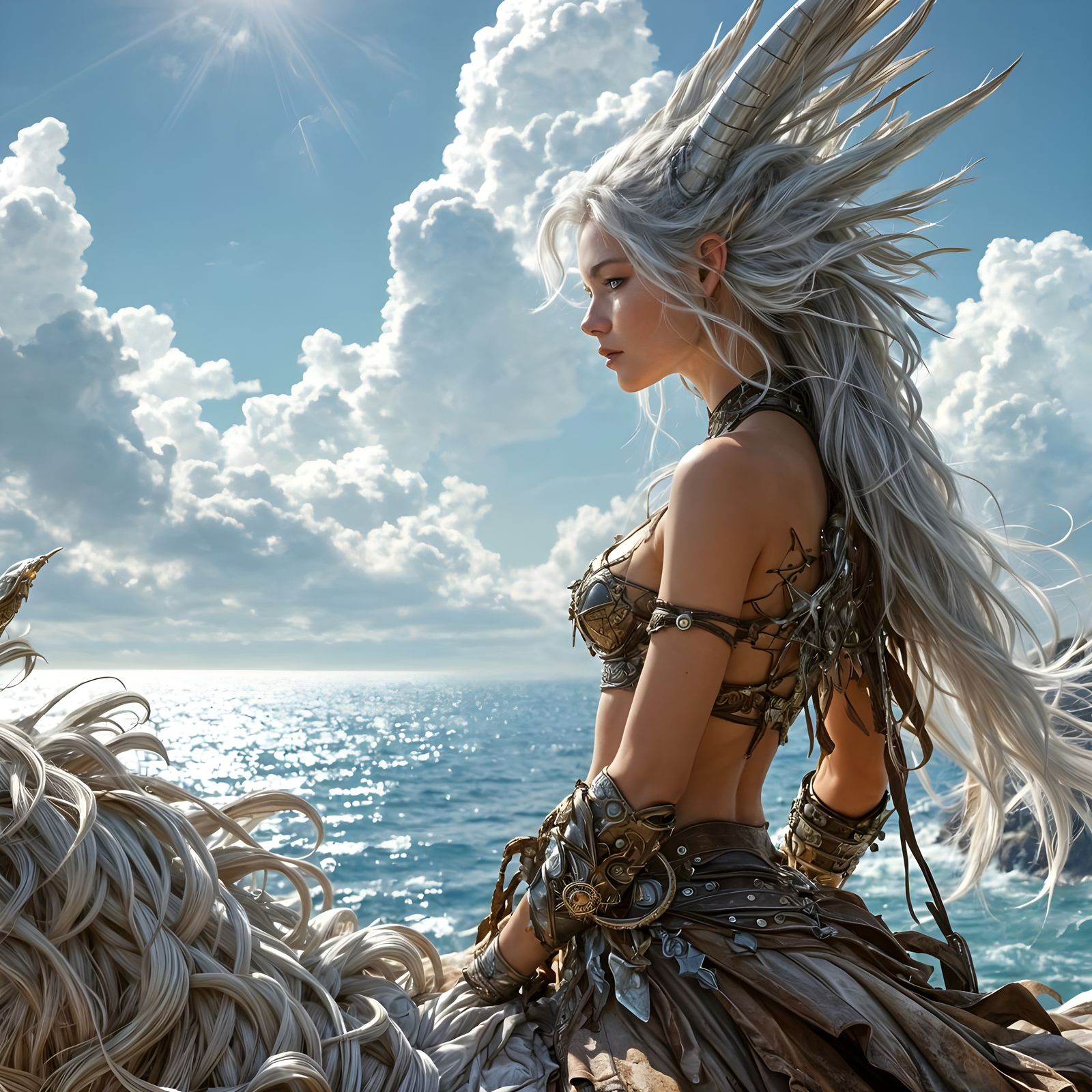 Draconic Female Warrior Overlooking Sea, Ethereal Art