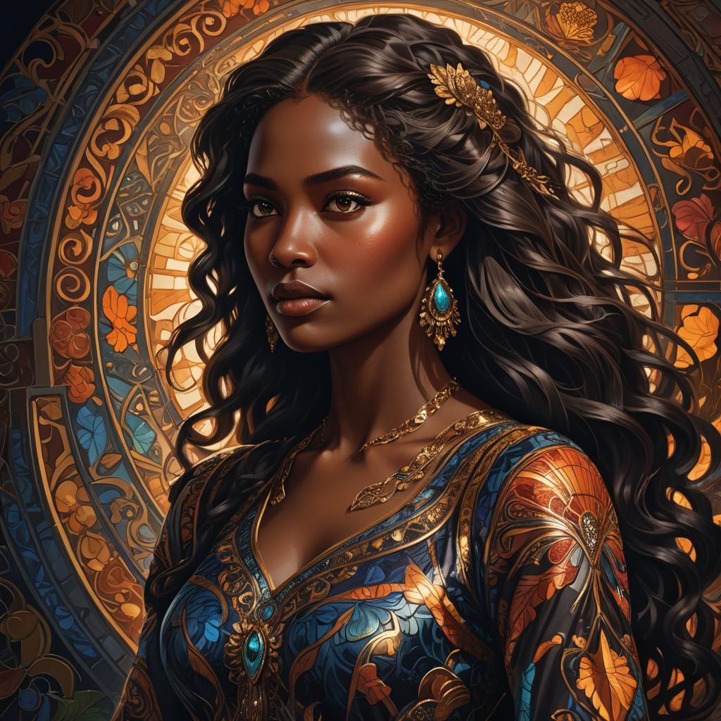 Stunning Dark-Skinned Woman in Photorealistic Art Nouveau St...