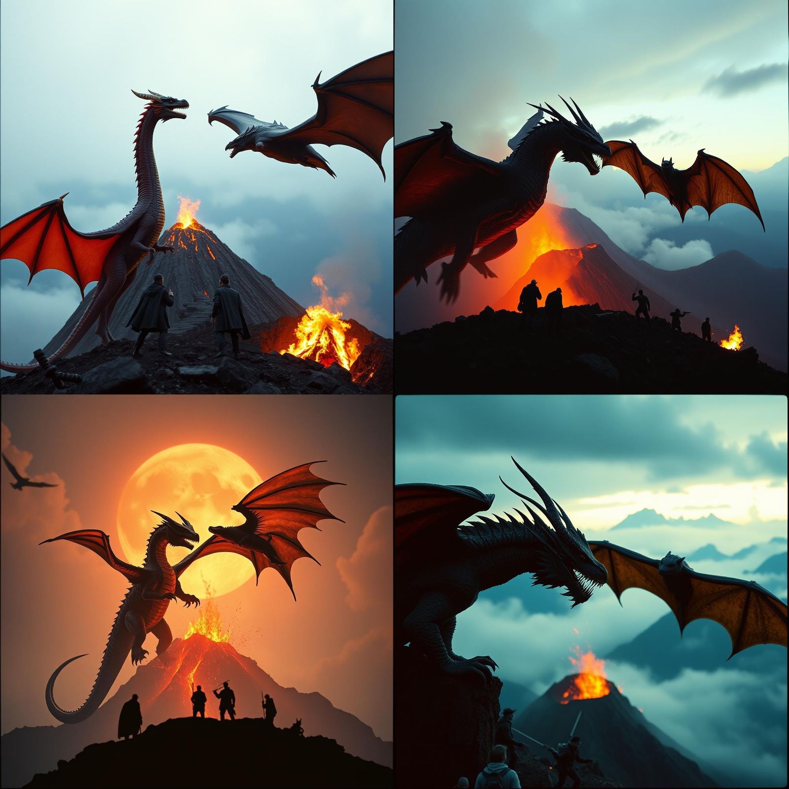 Dragon and Bat Face Off Over Volcano