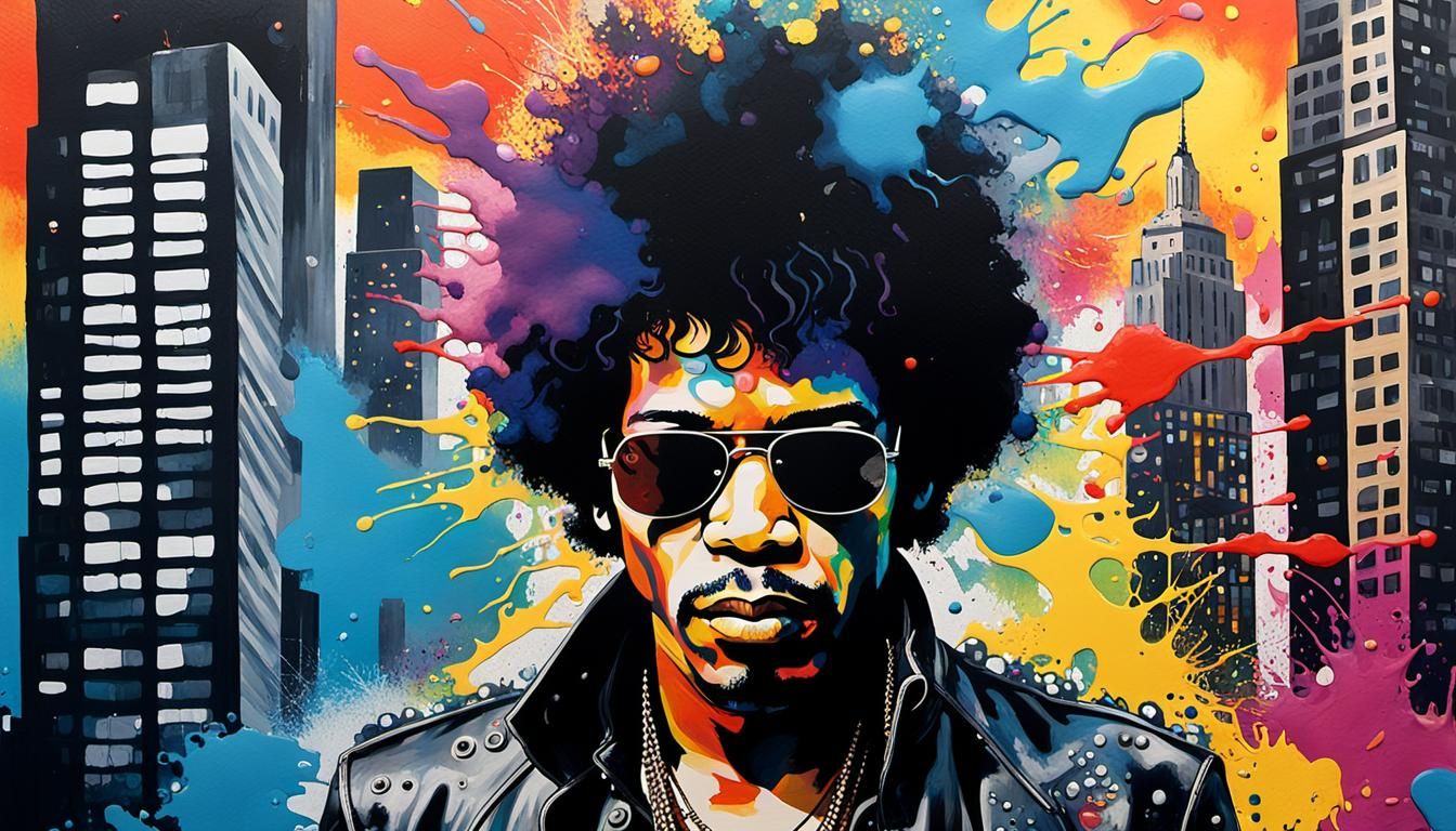 Jimi Hendrix Pop Art Portrait with Acrylic Drips