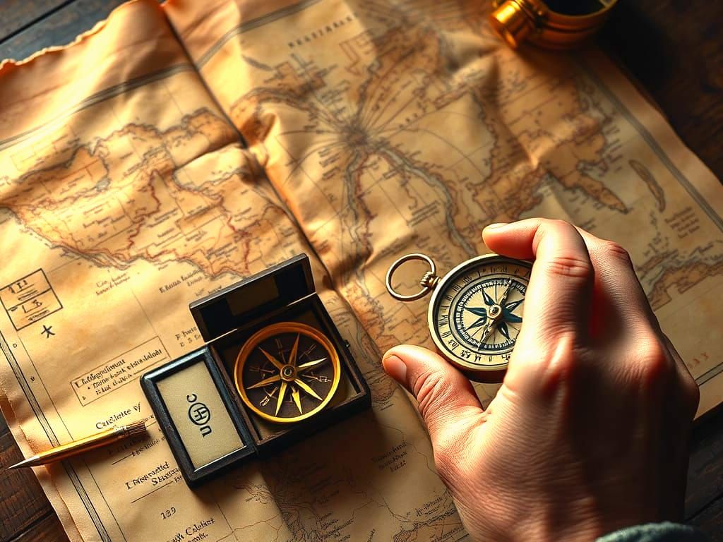 Vintage Compass, Map, and Cigarettes in Dramatic Light