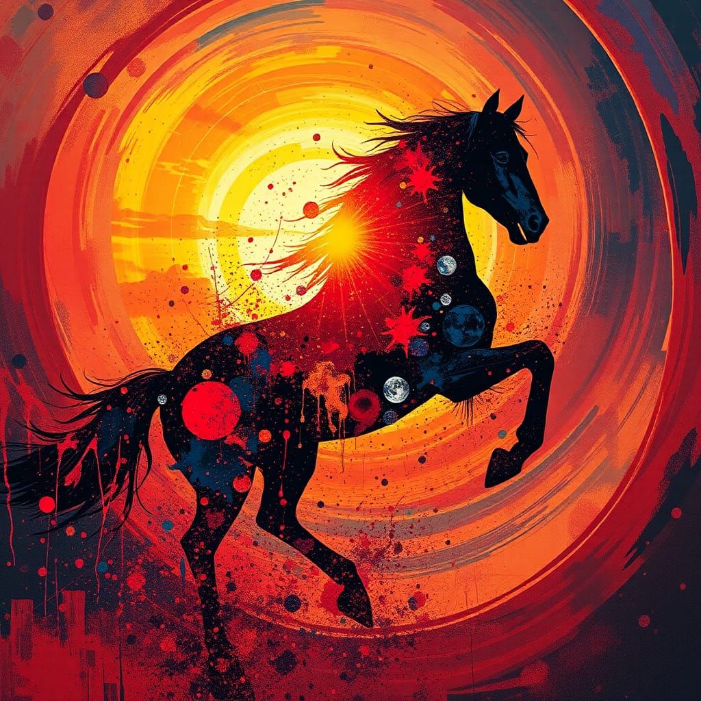 Horse Silhouette Bursting Through Space, Abstract Expression...