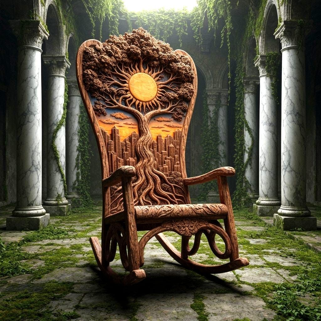 Detailed Wooden Rocking Chair Carving with Tree City