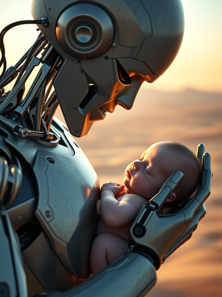 Robot Cradling Baby in Tender Desert Scene