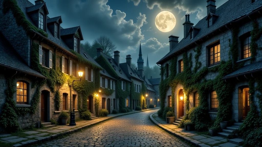 Moonlit French Renaissance Village in Ethereal Glow