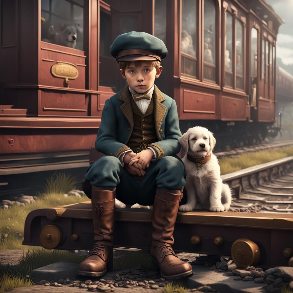 Boy with Puppy Awaits Train: Matte Painting