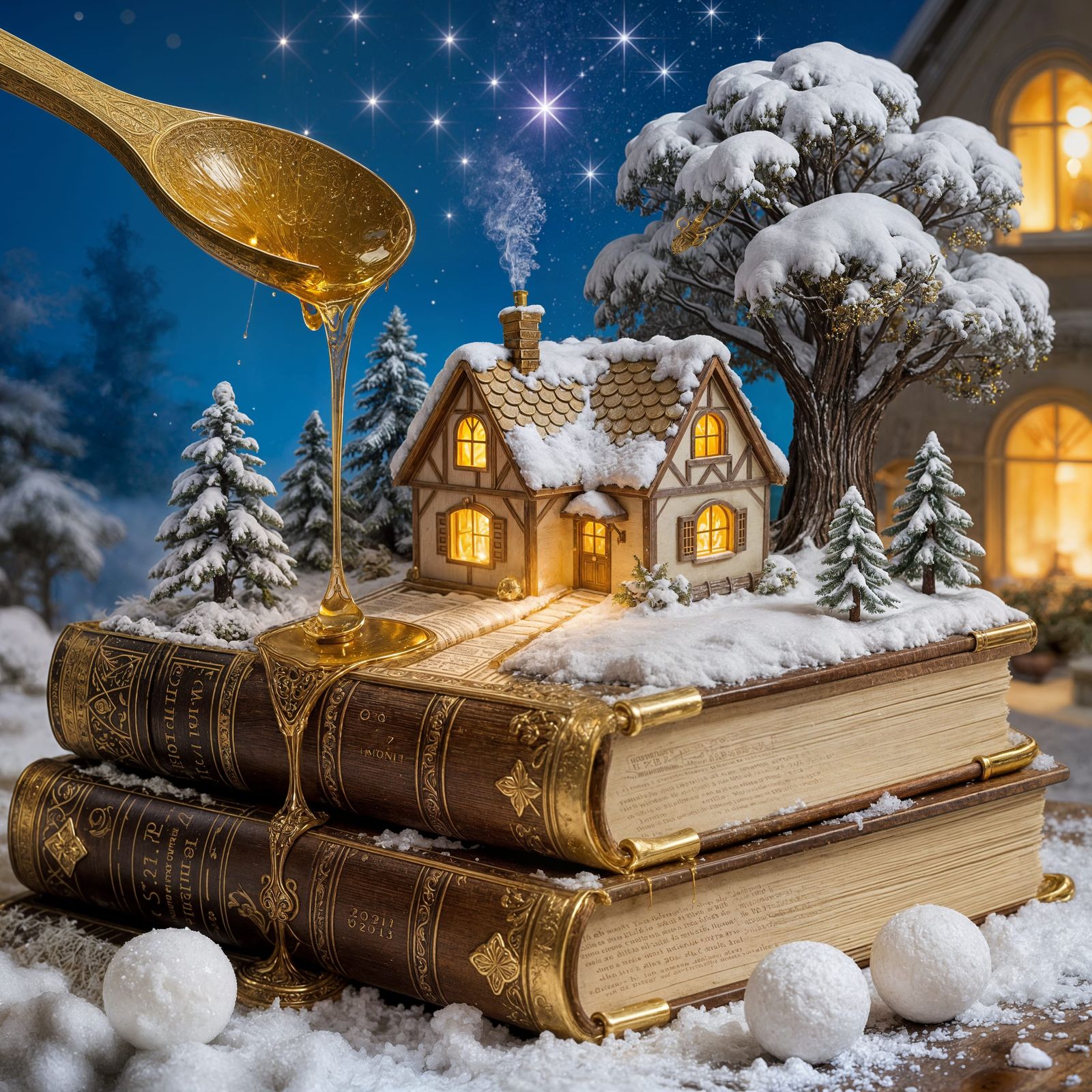 Magical Winter Scene: Enchanted Books and Honey Waterfall