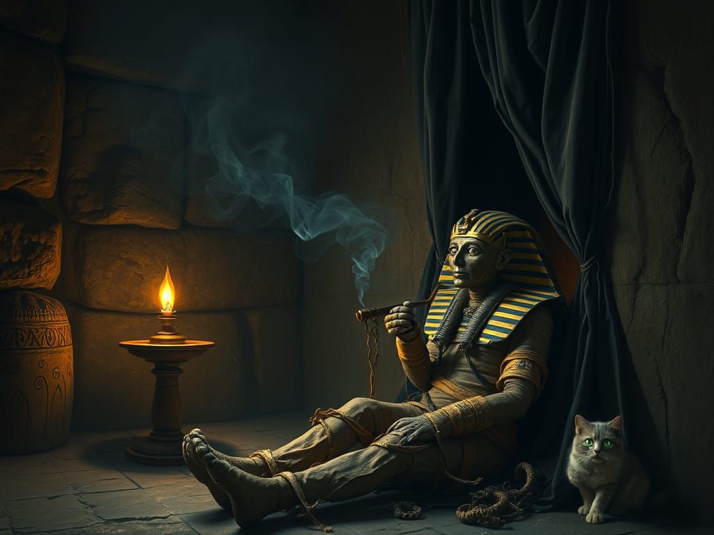 Mummified Pharaoh Smokes Pipe in Ancient Egyptian Tomb