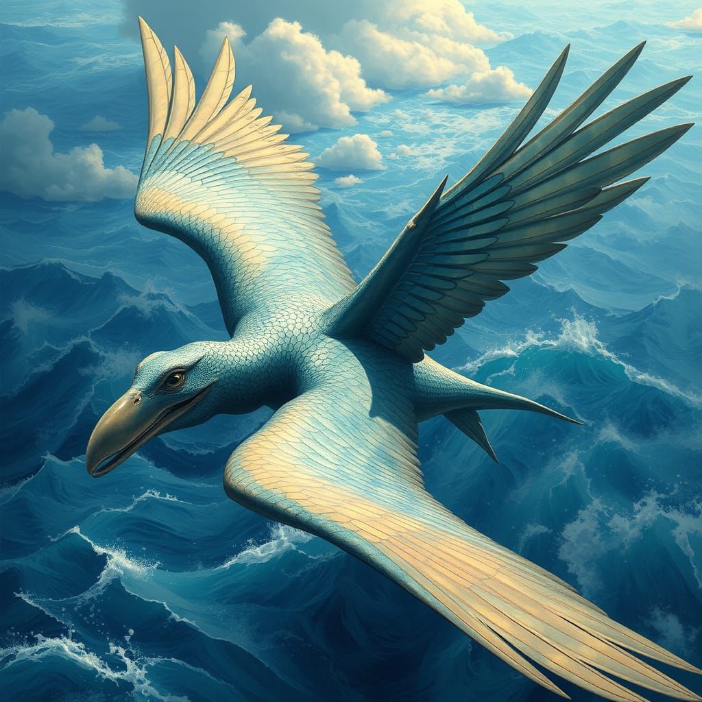 Majestic Iridescent Avian Soars Above Turbulent Waters