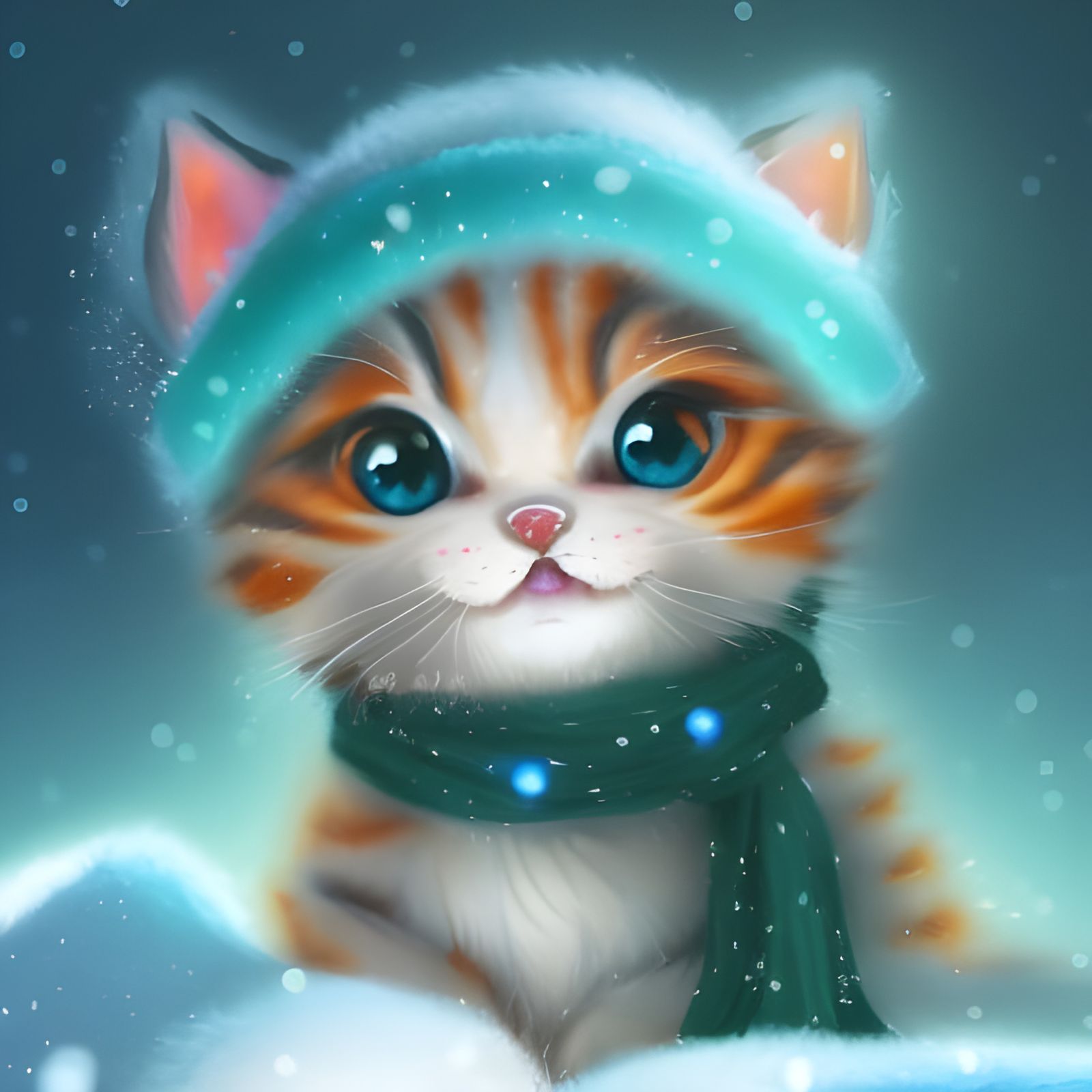 Adorable Kitten in Winter Wonderland: 3D Rendered Cartoon