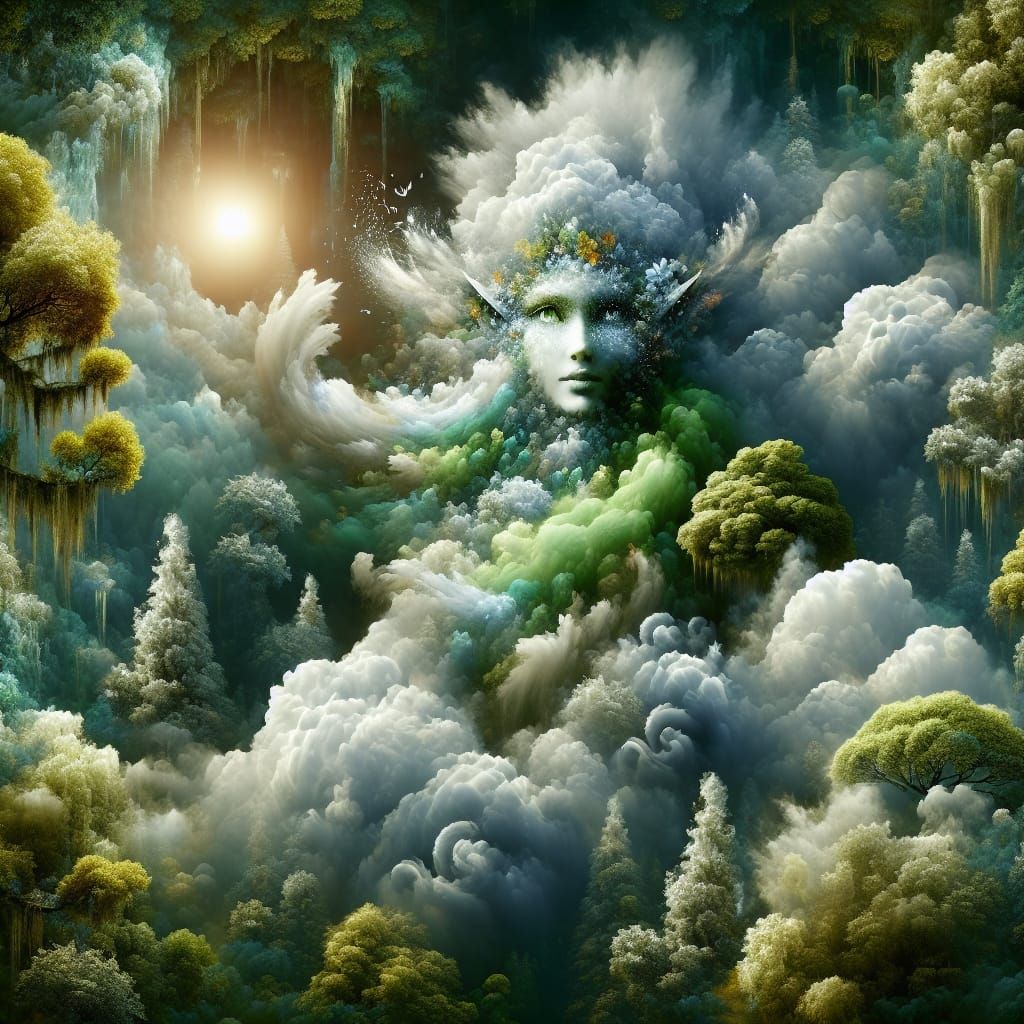 Ethereal Elf Maiden Cloudscape in Hyperrealistic Forest
