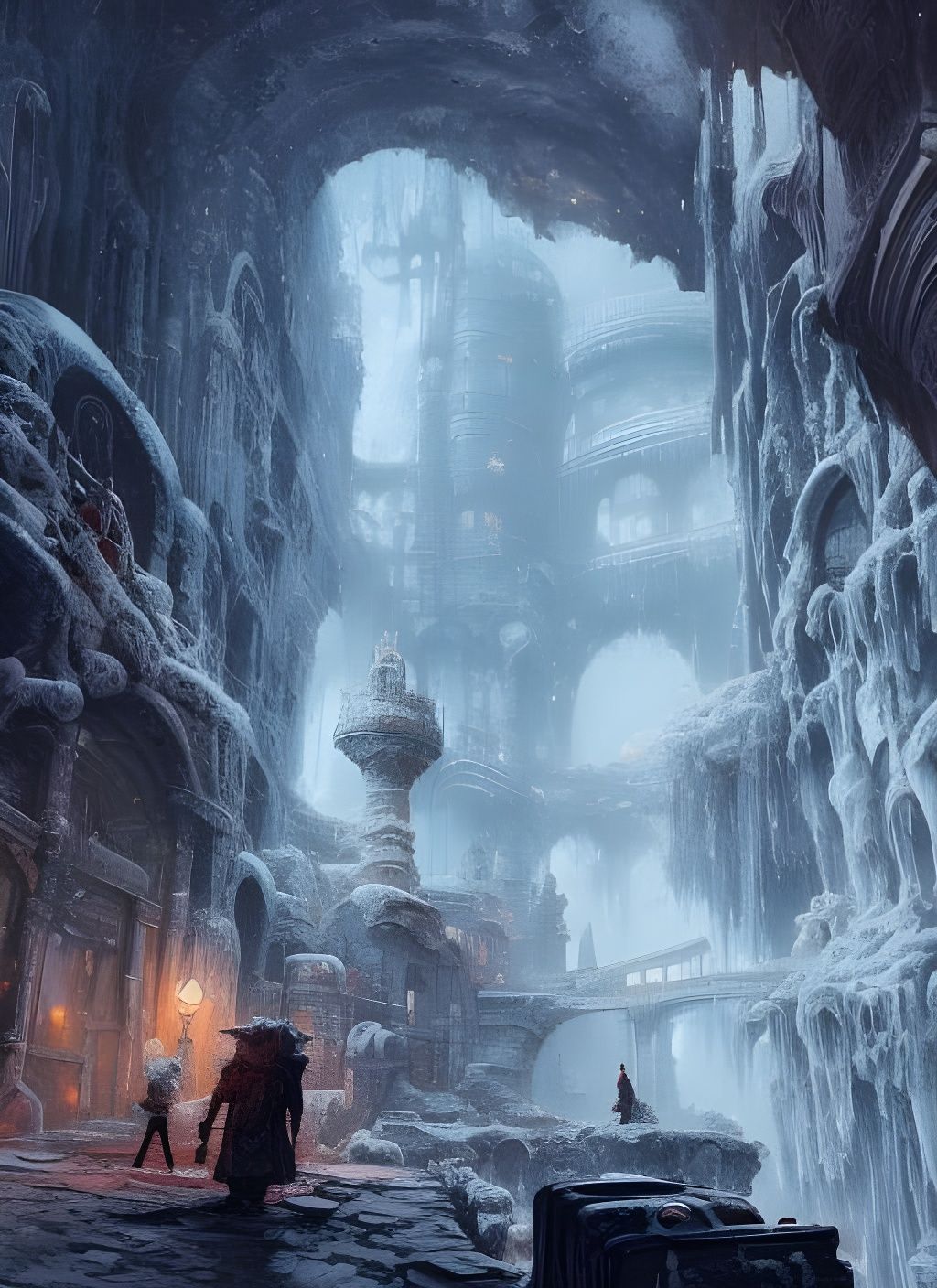 Frozen Cave Cityscape in Watercolor Style