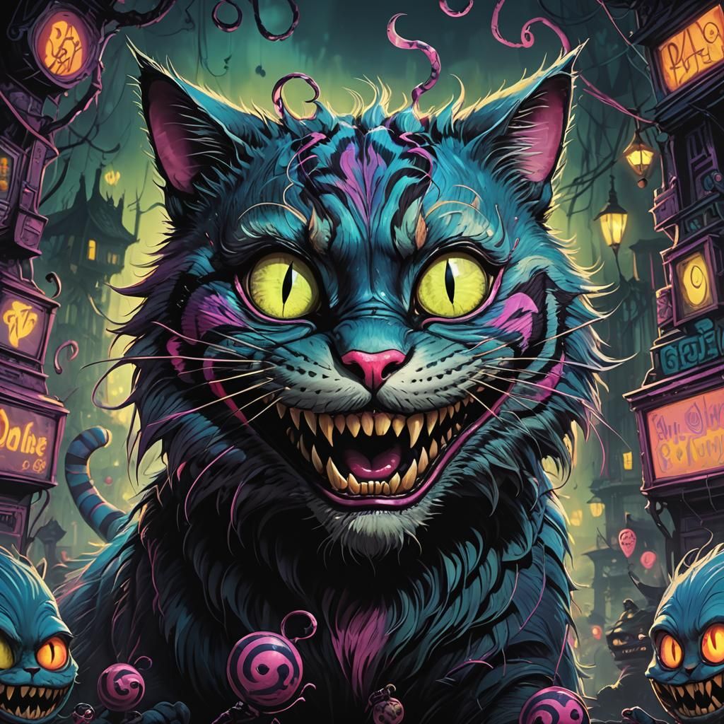 Menacing Cheshire Cat Grin in Dark Whimsical Style