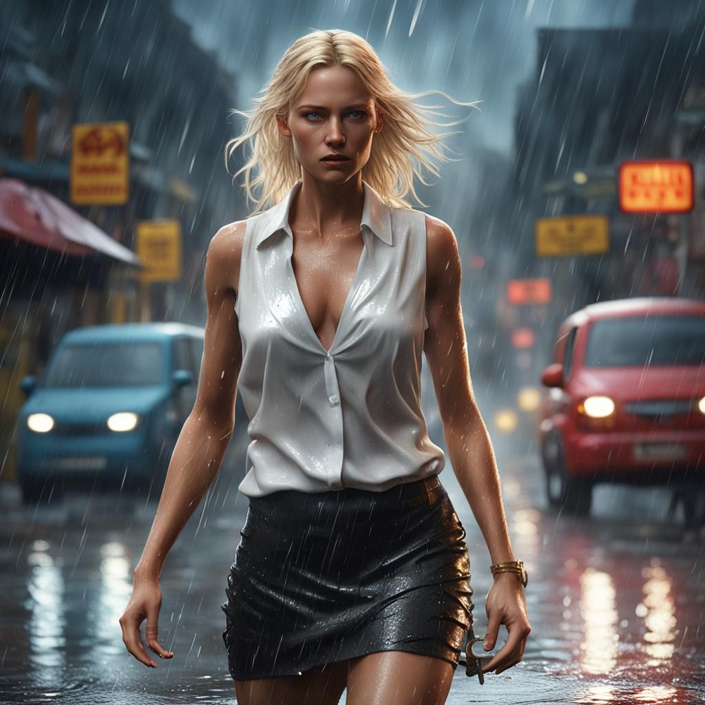 Blonde in Rain: Detailed Digital Fantasy Art