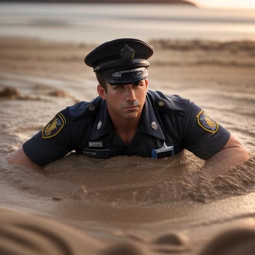 Male Police Officer Sinking in Quicksand: Professional Photo