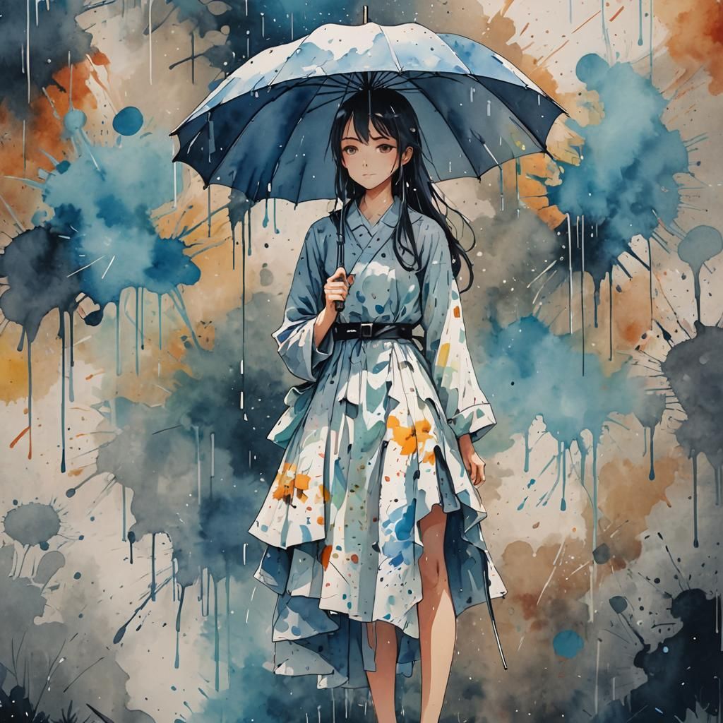 Anime Woman with Umbrella in Watercolour Splatter