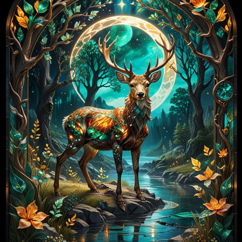 Ethereal Stained Glass Landscape with Molten Gold Rivers