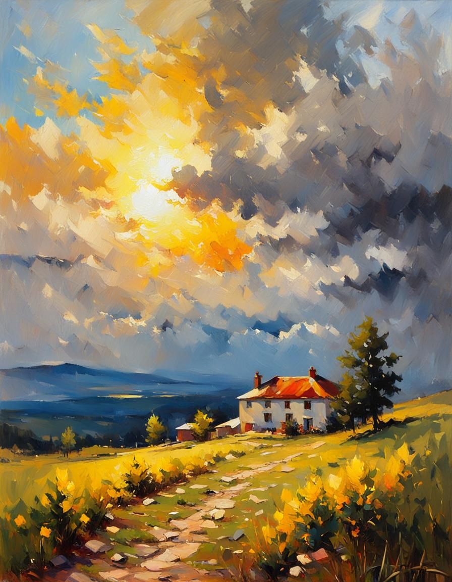 Farmhouse Painting with Dramatic Sky in Impressionistic Styl...