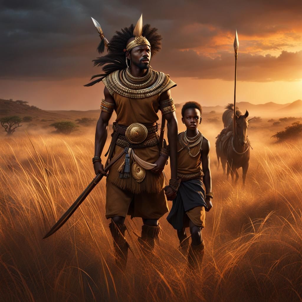 African Warrior and Son on Safari at Dusk