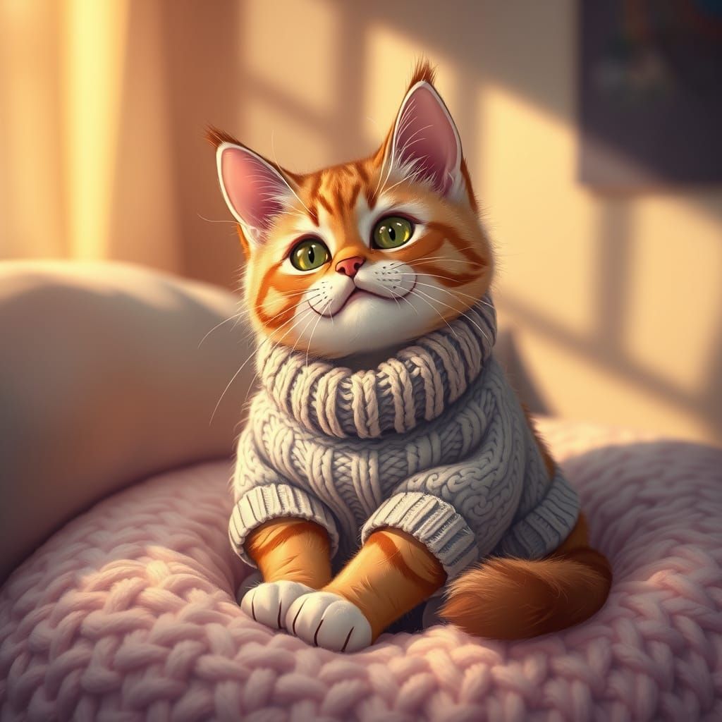 Adorable Cat in Fluffy Sweater with Warm Lighting