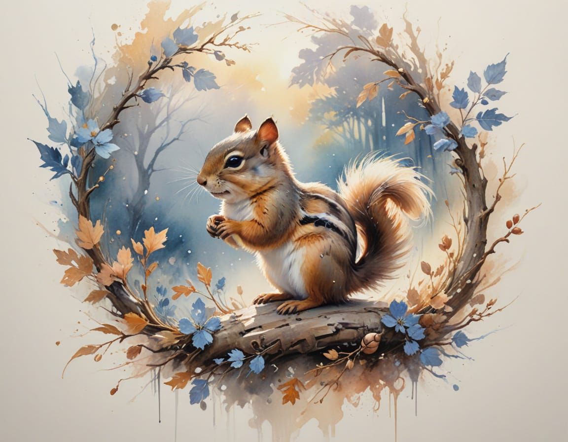 Chipmunk Gathering Acorns in Alcohol Ink Style