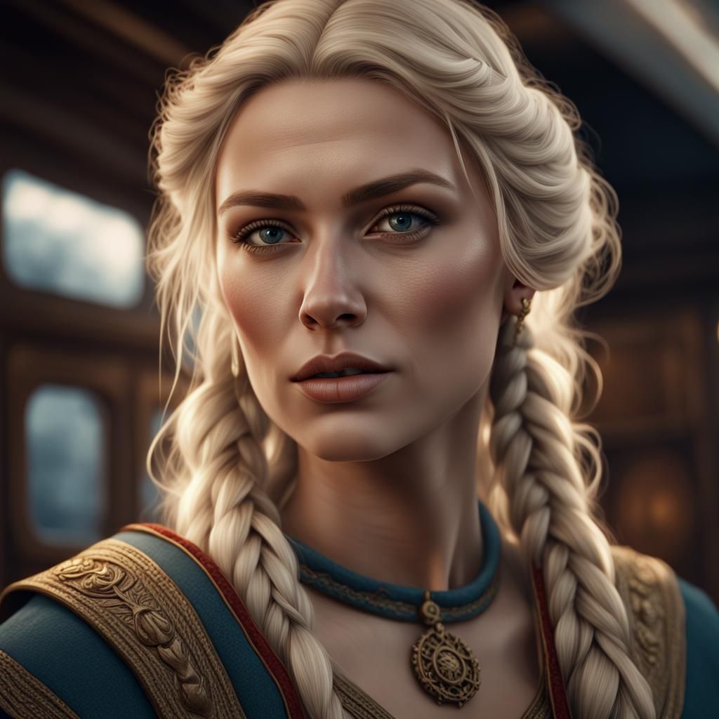 Scandinavian Woman in Viking Clothes: Hyperrealistic Portrai...