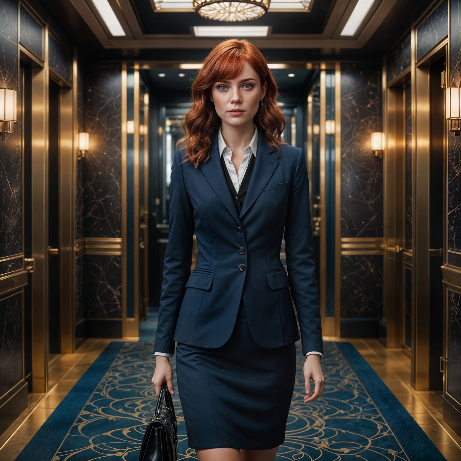 Businesswoman With Red Hair in Elevator, Digital Art