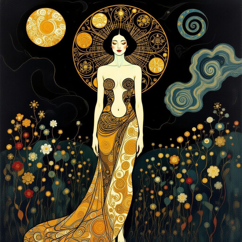Ethereal Androgynous Figure in Opulent Art Nouveau Style