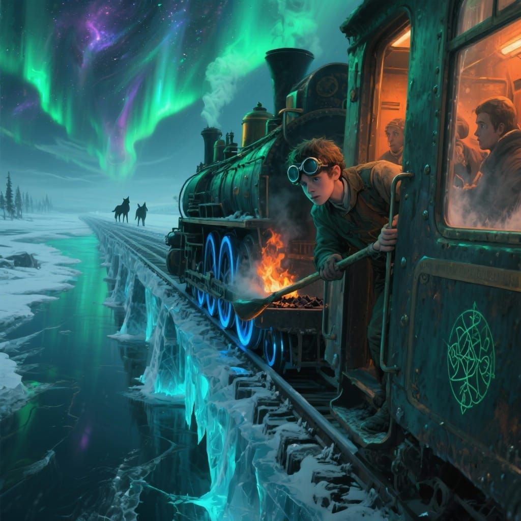 Dramatic Winter Train Crossing Ice Bridge Under Northern Lig...