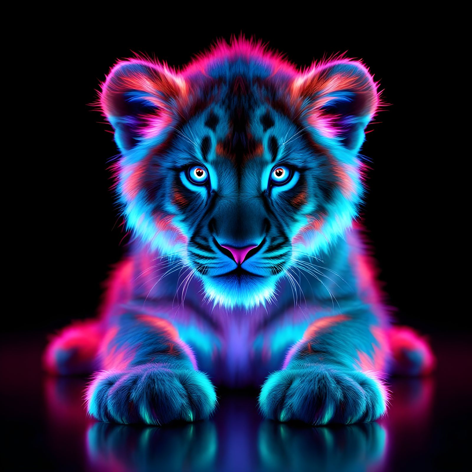 Glowing Neon Baby Lion in Digital Art Style