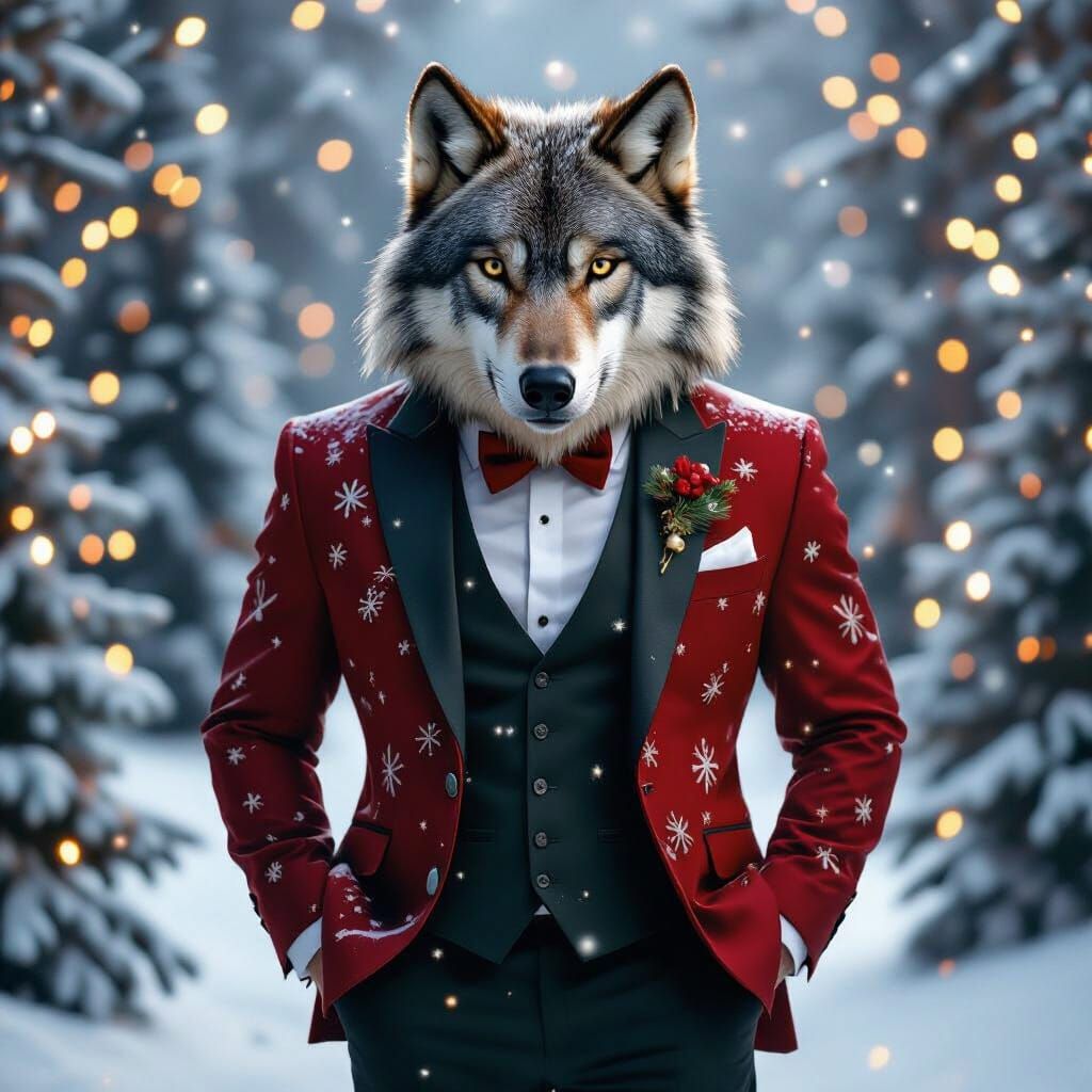 Realistic Wolf Man in Festive Christmas Suit