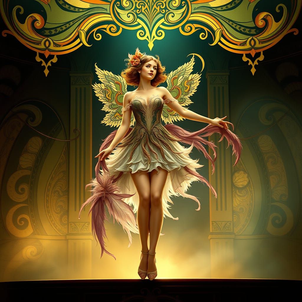 Art Nouveau Chorus Girl on Stage with Otherworldly Aura